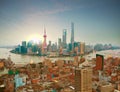 Aerial photography at Shanghai bund Skyline of sunrise Royalty Free Stock Photo