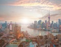 Aerial photography at Shanghai bund Skyline of sunrise Royalty Free Stock Photo