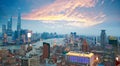 Aerial photography at Shanghai bund Skyline of Sunset glow