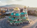 Orthodox Cathedral Alexander Nevsky, in Sofia, Bulgaria. Aerial photography in the sunset