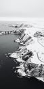Snow Covered Earth And Bridge: Lively Coastal Landscapes In Minimalist Black And White