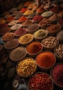 Aerial photojournalism of a city market with a vast array of different spices in bowls of various colors, sizes, and themes