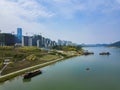 Aerial photos of riverside park along urban rivers
