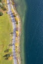 Aerial picture from above of street and lake promenade Haldensee