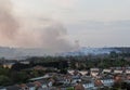 An aerial picture of a Heath land wildfire on the edge of an area of housing