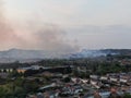 An aerial picture of a Heath land wildfire on the edge of an area of housing