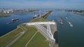 Aerial picture of Maeslantkering storm surge barrier on the Nieuwe Waterweg Netherlands it closes if the city of Rotterdam is