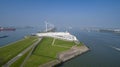 Aerial picture of Maeslantkering storm surge barrier on the Nieuwe Waterweg Netherlands it closes if the city of Rotterdam is
