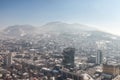 Aerial Picture of the newer part of Sarajevo during a snow winter day. Unitic Towers and Holiday Inn are on foreground