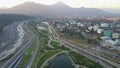 Aerial picture of a park, buildings, roads and city landscape in Santiago, Chile