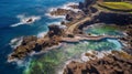 An aerial picture of Porto Moniz, Madeira, Portugal\'s natural swimming pools