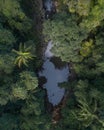 Aerial picture of a tropical oasis, small creek and waterfall in a jungle looking location