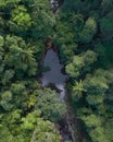 Aerial picture of a tropical oasis, small creek and waterfall in a jungle looking location