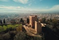 Aerial picturesque drone point of view Granada castle surrounding lands and cityscape, Alhambra or Red Castle