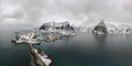 Aerial point of view of Lofoten. Drone panorama landscape of Reine and Hamnoy fishing villages with fjords and mountains in the b