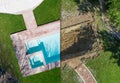 Aerial of Before and After Pool Build Construction Site Royalty Free Stock Photo