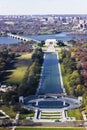 Aerial portrait view looking westwards along the tree-lined avenue of the National Mall, Washington DC