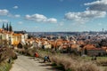 Aerial postcard view of Prague,Czech Republic. Prague panorama.Beautiful sightseeing on sunny spring day.Amazing European