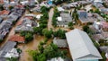 Aerial POV view Depiction of flooding. devastation wrought after massive natural disasters at Bekasi - Indonesia