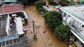 Aerial POV view Depiction of flooding. devastation wrought after massive natural disasters. BEKASI, WEST JAVA, INDONESIA. FEBRUARY