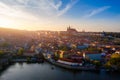 Aerial Prague panoramic drone view of the city of Prague at the Old Town Square, Czechia. Prague Old Town pier architecture and