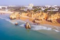 Aerial from Praia Tres Irmaos in Alvor the Algarve Portugal