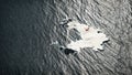 Aerial of red airplane flying over melting iceberg.