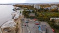 Aerial, Red and Yellow Trees, City, River, Seafront, Autumn Royalty Free Stock Photo