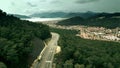 Aerial revealing shot of Marmaris and beautiful coastal area as seen from the highway leading from Mugla. Turkey