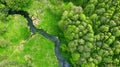 Aerial. River in the forest. Beautiful spring nature. View above. Royalty Free Stock Photo