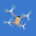 Aerial robot drone, quadrocopter, with camera flying in the blue sky. Concept hovering multycopter render Royalty Free Stock Photo