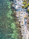 Aerial of rocky stone rocks iron shore in East End Cayman Islands Royalty Free Stock Photo