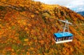 Aerial scene of a cable car flying over the gorge between Daikanbo & Kurobe Dam in Tateyama Kurobe Alpine Route, Toyama, Japan