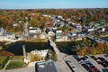 Aerial scene of Elora, Ontario, Canada in fall