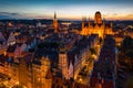 Aerial scenery of the old town in Gdansk at dusk. Poland