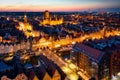 Aerial scenery of the old town in Gdansk at dusk. Poland