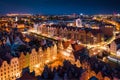 Aerial scenery of the old town in Gdansk at dusk. Poland