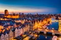 Aerial scenery of the old town in Gdansk at dusk. Poland