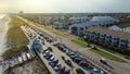 Aerial 98 Scenic Gulf Drive, Regional Access to Miramar Beach, full public parking, white sandy shoreline near multiple story Royalty Free Stock Photo