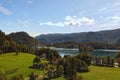 Aerial scenic landscape panorama of Bled Lake and St. Marys Church of Assumption on small island. Royalty Free Stock Photo