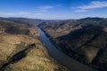 Aerial scenic view of the Douro River and Valley with terraced vineyards along the banks of the river Royalty Free Stock Photo