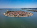 Aerial scenic view of the famous island - town of Aitoliko in Aetolia - Akarnania, Greece is situated in the middle of Messolonghi Royalty Free Stock Photo