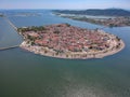 Aerial scenic view of the famous island - town of Aitoliko in Aetolia - Akarnania, Greece is situated in the middle of Messolonghi Royalty Free Stock Photo