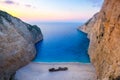 Aerial scenic view of famous Shipwreck beach at sunset, Zakynthos