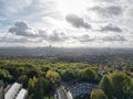 Aerial scenic view from Highgate towards central London buildings under the cloudy sky