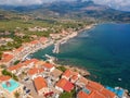 Aerial scenic view over the seaside village Agios Nikolaos and the picturesque old port near Kardamyli Peloponnese