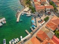 Aerial scenic view over the seaside village Agios Nikolaos and the picturesque old port near Kardamyli Peloponnese