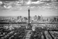 Aerial scenic view of Paris with the Eiffel tower and la Defense business district skyline black and white