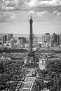 Aerial scenic view of Paris with the Eiffel tower and la Defense business district skyline black and white Royalty Free Stock Photo