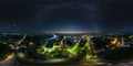 Aerial seamless spherical 360 night panorama overlooking old town, urban development, historic buildings, crossroads with bridge